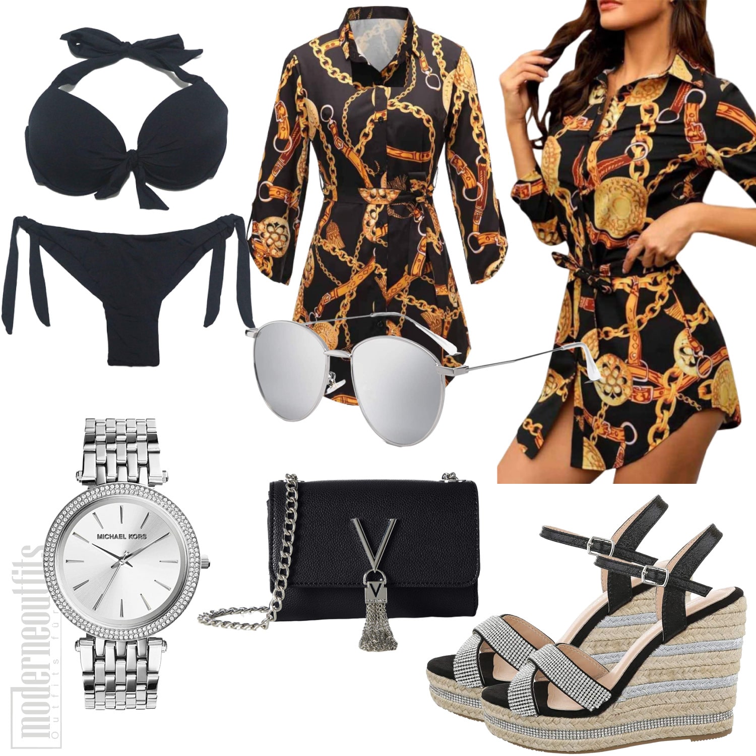 Schwarzes Blusenkleid Sommeroutfit mit Bikini, Sandalen und Uhr