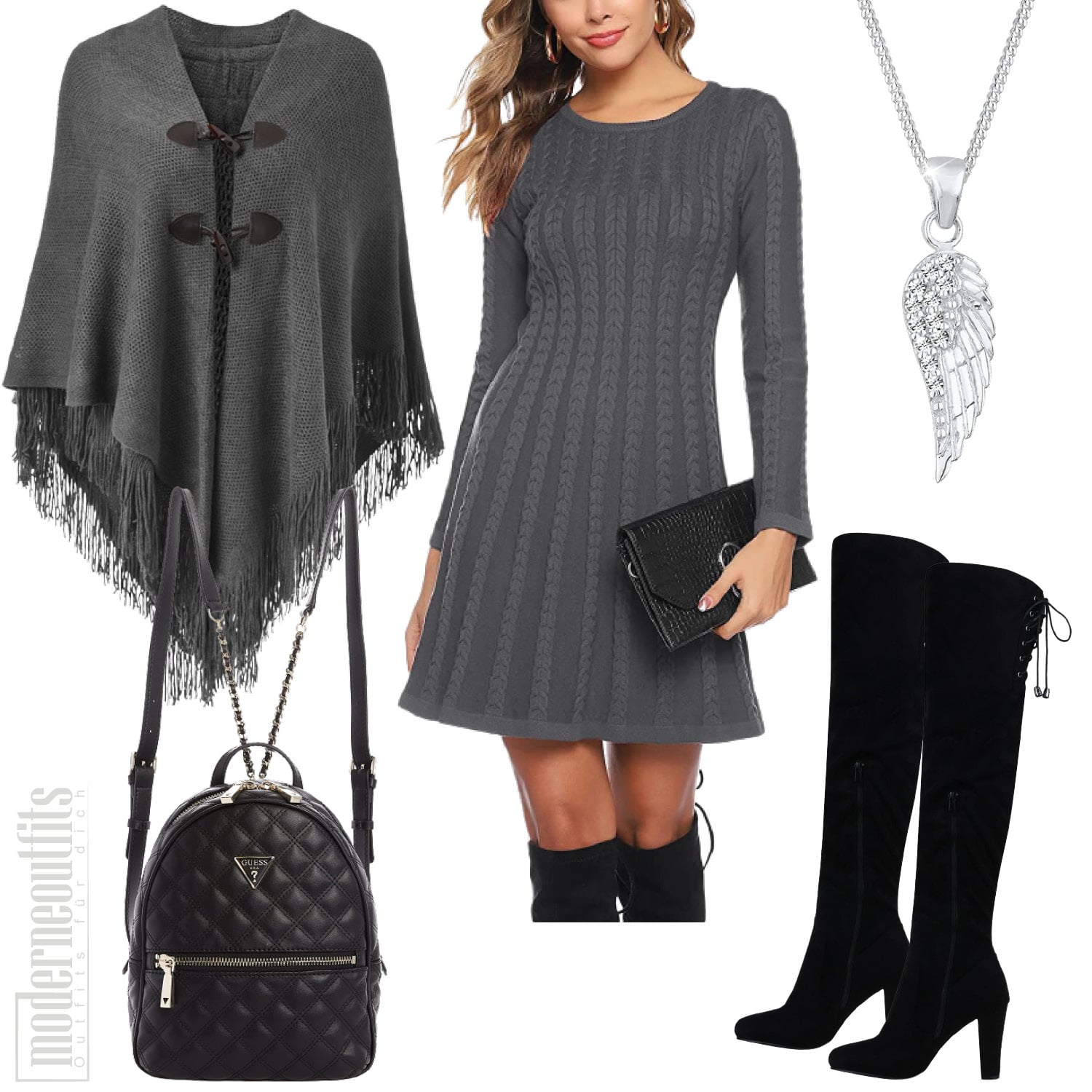 Herbst Outfit für Damen in Grau mit Kleid und Poncho